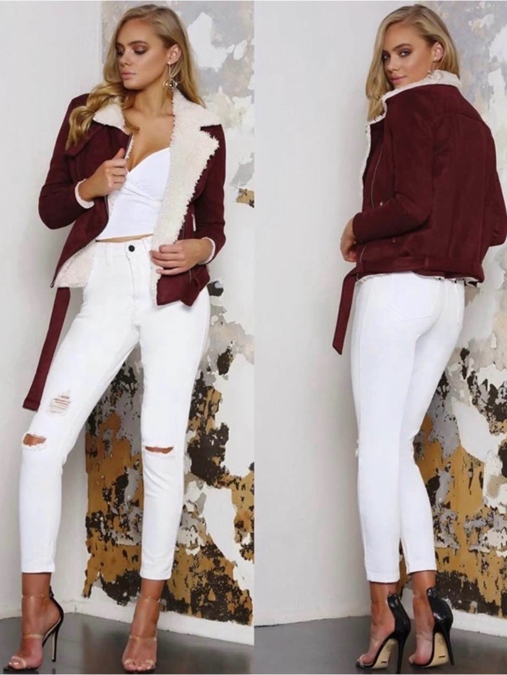 Women’s Burgundy Faux-Suede Sherpa Jacket - Unbranded